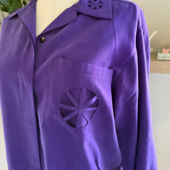 Vintage Silk Purple Cutout Detail Long Sleeve Button Up Womens Office Workwear - Picture 4 of 9